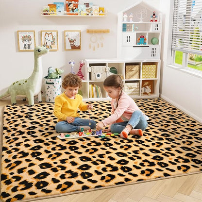 Amearea Soft Leopard Rugs for Bedroom Living Room, 6x9 Modern Cheetah Print Thickened Memory Foam Rug, Fluffy Indoor Washable Animal Rugs Carpet for Kids Boys Girls Dorm Nursery Room Decor, Khaki