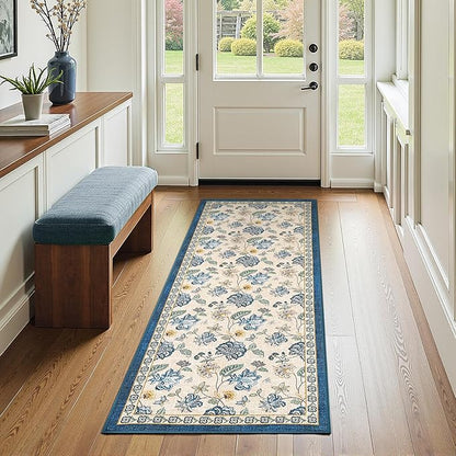 jinchan Elora 2x5 Floral Runner Rug for Hallway Washable Kitchen Runner Vintage Romance Design Non Slip Thin Indoor Floor Cover Low-Profile Throw Carpet for Entryway Bathroom Bedroom Porch, Blue/Beige