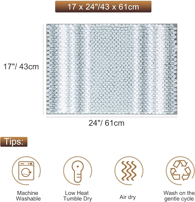 PiccoCasa Chenille Bathroom Rug, Soft Fluffy Absorbent Bath Mat, Medium Pile Striped Carpet Washable Non Slip Bathroom Floor Mats(17"x24",Light Blue & White)