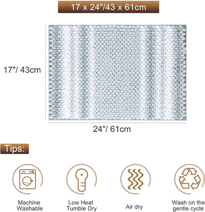PiccoCasa Chenille Bathroom Rug, Soft Fluffy Absorbent Bath Mat, Medium Pile Striped Carpet Washable Non Slip Bathroom Floor Mats(17"x24",Light Blue & White)