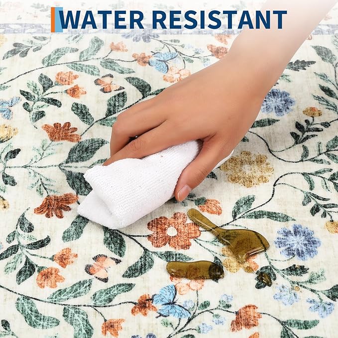 GarveeHome Washable Rug 6 x 9, Low Pile Farmhouse Floral Rug, Non-Shedding Indoor Foldable Printed Carpet Non-Slip Soft Vintage Throw for Bedroom Dining Room Kitchen, Green