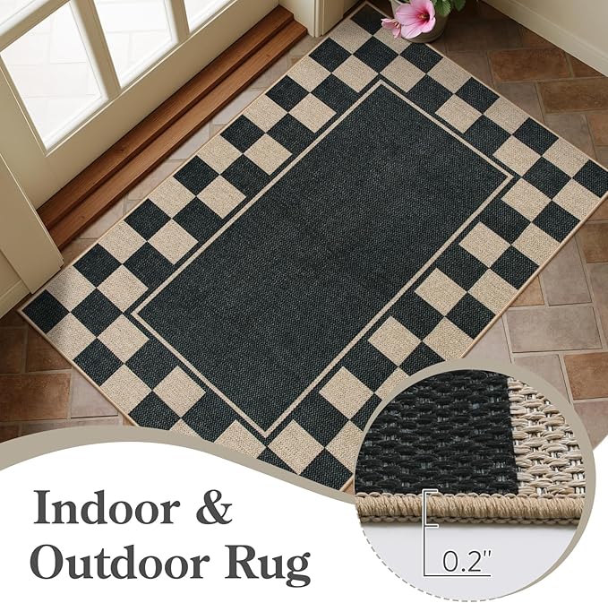 Moynesa Easy Jute Runner Rugs Washable 2x6 Entryway Runners Rug for Kitchen Black Checkered Carpet for Indoor Outdoor Non Slip Mat for Hallways Bathroom Bedroom Laundry Living Room Corridor