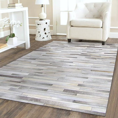 Cowhide Leather Rug for Living Room 9.9x14 Natural Leather Rug Modern Stripes Style Floor Carpet for Home Decor | Superior Indoor Area Rug, Dark Grey