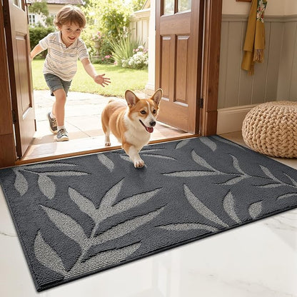 LUMI Indoor Door Mat 48x72, Washable Front Doormat with Welcome Leaf Pattern, Non-Slip Rubber Back Absorbent Mats for Entrance, Patio, Garage, Dark Grey