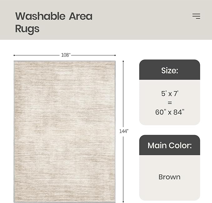 Valenrug Washable Rugs 5x7 - Non Slip 5x7 Area Rugs for Living Room, Stain Resistant Area Rugs for Bedroom, Foldable Machine Washable Area Rug(5'x7', Brown)