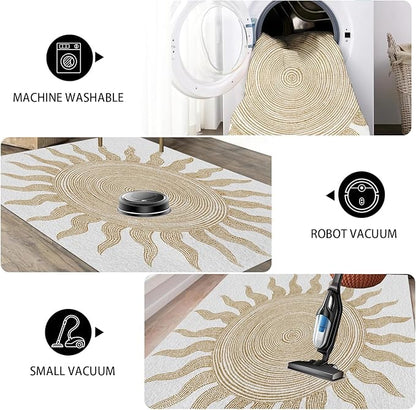 Boho Washable Rugs for Bedroom 4x5, Modern Sun Print Soft Minimalism Area Rug, Non Slip Low Pile Abstract Carpet for Classroom Living Room Decor Dining Room Sofa Kids Nursery Room, Beige Yellow