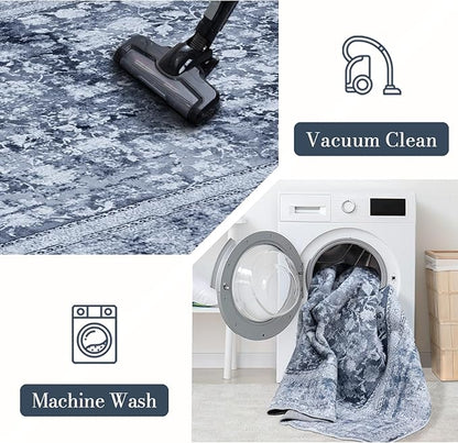 Area Rug 3×5, Vintage Boho Rug,Ultra-Soft Low Pile, Washable, Non Slip,Stain Resistant Printed Carpet for Living Room Bedrooms Playroom Office Kitchen, Solid/Blue