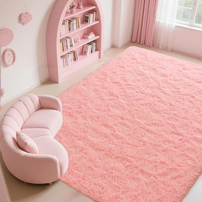 Zentavio Pink Rugs for Girls Room 8x10 Large Area Rugs for Living Room Cute Carpet for Bedroom Washable Soft Fluffy Shag Aesthetic Plush High Pile Rug for Nursery Kids Room Dorm Room