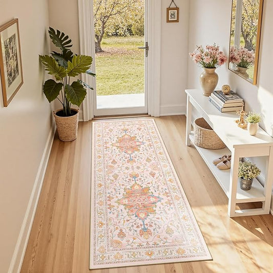 Area Rugs 2'x6' Washable Non-Slip, Floral Vintage Distress Print Pattern Medallion Carpet for Living Room Bedroom Dining Room, Light Pink Colorful