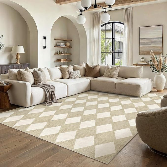 9x12 Checkered Area Rugs for Living Room Beige Machine Washable Large Rug Non-Slip Stain Resistant Low Pile Boho Accent Indoor Throw Carpet for Bedroom Dining Room Home Aesthetic Decor