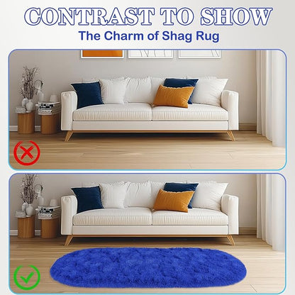 Soft Fluffy Area Rug for Bedroom, Blue Fuzzy Shaggy Oval Throw Rugs for Bedside, Non-Slip Cozy Plush Shag Carpet for Boys Kids Room Nursery Dorm Living Room, 2.6 x 5.3 Feet