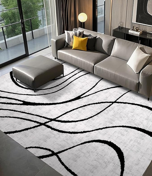 YIHOUSE Modern Rugs for Living Room, 8x10 Washable Black and White Area Rug, Thin Abstract Geometric Striped Rug, Area Rug for Bedroom,Kitchen,Dining Room,Office
