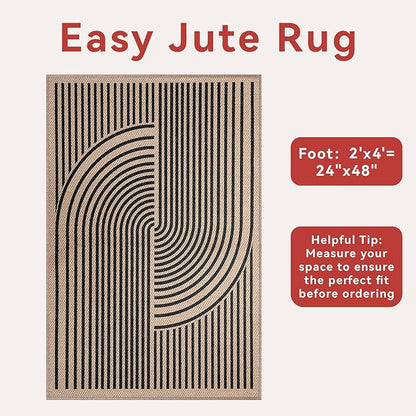 Tangsoo Rainbow Easy Jute Rug 2x4 Small Throw Rugs for Entryway,Washable Ultra Thin Outdoor Door Mat, Black Non-Slip Indoor Floor Carpet for Entrance Kitchen Hallway Bedroom Front Porch