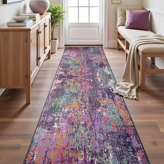 Washable Area Rugs 2'x10' Non-Slip Modern Abstract Soft for Living Room Entryway Bedroom Nursery, Print Pattern, Purple Orange Blue Green Rust Red Colorful