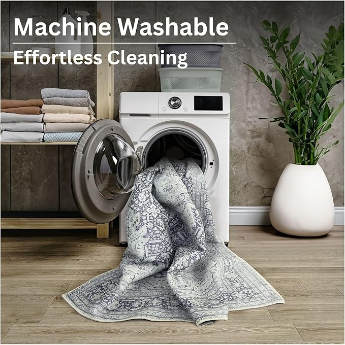 Bloom Rugs Washable Non-Slip 8' x 10' Rug - Charcoal Blue Traditional Medallion Area Rug for Living Room, Bedroom, Dining Room, and Kitchen - Exact Size: 8' x 10'