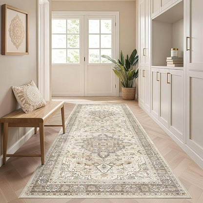 Runner Rug Kitchen Washable Rugs: 3x10 Non-Slip Boho Soft Vintage Stain Resistant Indoor Floor Neutral Farmhouse Throw Carpet for Hallway Bathroom Laundry Room Entryway Bedroom- Brown