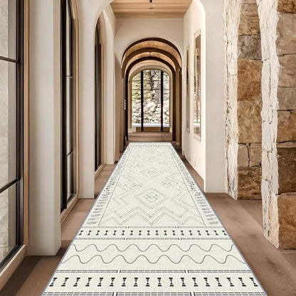 Beige White Runner Rug, 2x7ft Black Geometric Square Pattern Hallway Decor Rug - Modern Home Corridor & Foyer Accent Carpet, Non-Slip Mat Washable Rugs, Stylish Carpet for Hallway Spaces
