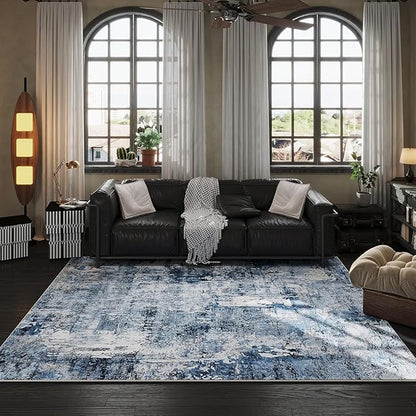 Rugcomf 9x12 Boho Rug Soft Area Rug Non-Slip Non-Shedding Faux Wool Vintage Rug for Living Room, Dining Room, Kids Playroom, Blue