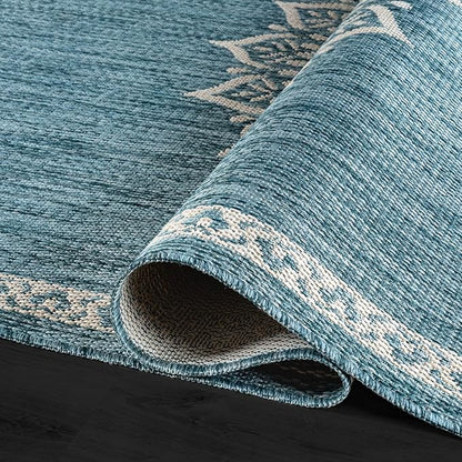 CAMILSON Outdoor Rug 6x9 Medallion Aqua Modern Area Rugs for Indoor and Outdoor Patios Kitchen and Hallway Mats Washable Porch Deck Outside Carpet (Medallion Aqua 6 x 9)