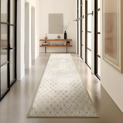 Phantoscope Washable Runner Rug 2'x10' Non-Slip, Modern Hallway Rugs for Entryway, Stair, Bedroom, Dining Room, Distressed Geometric Floral Pattern, Low-Pile Foldable Floor Carpet, Teal Floral/Beige