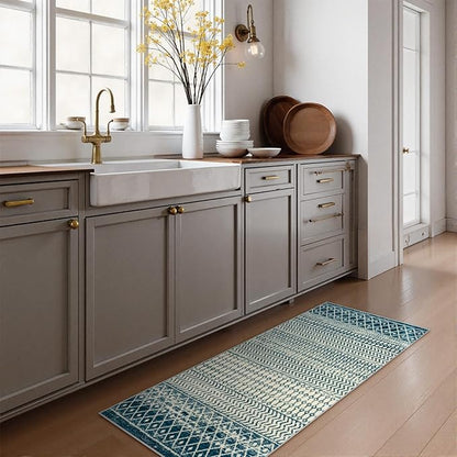 Moroccan Small Rug for Bedroom 2x4, Soft Non-Slip Indoor Door Mats for Entryway, Low-Pile Non-Shedding Blue Rug Vintage Rugs for Kitchen Bathroom Laundry Room