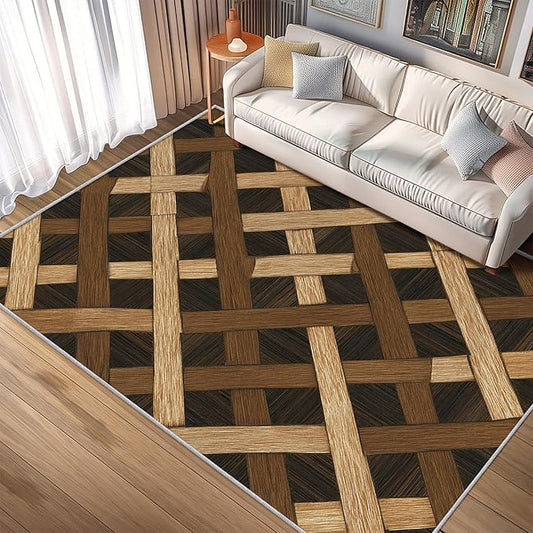Checkered Rug, Washable 4x5 Rug for Living Room, Wood Grain Patterned Indoor Carpet, Checkered Geometric Decor for Home, Bedroom, Soft Non Slip Thin Design FER25