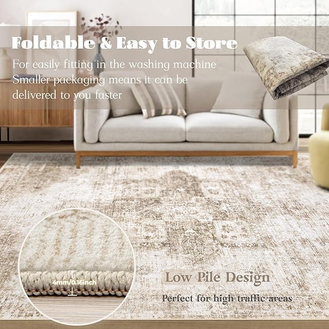 Runner Rug 2x6 Washable Rug, Vintage Boho Medallion Hallway Runner Non-Slip Soft Low Pile Distressed Floor Carpet Retro Doormat for Kitchen Bedroom Laundry Entryway Bathroom (Brown, 2'x6')