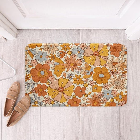 Erosebridal Hippie Flower Bath Mat Groovy Birthday Decorations Non Slip Bath Rugs Cute Rainbow Floral Super Cozy Bathroom Rug 16x24 for Girls Women Bedroom Decor Retro 70s Theme Bathroom Accessories
