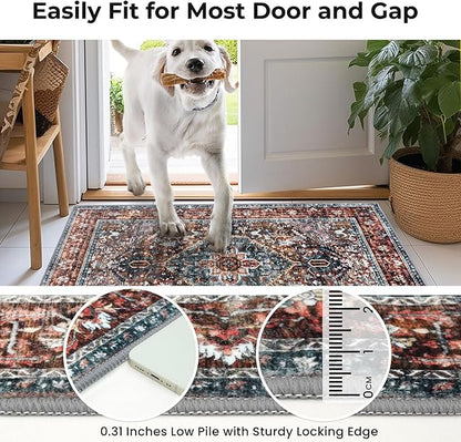 KOZYFLY Area Rug 3x8 Ft Washable Boho Runner Rug for Entryway Hallway Indoor Printed Oriental Faux Wool Carpet for Kitchen Bedroom Hall, Brick Red/Orange/Green