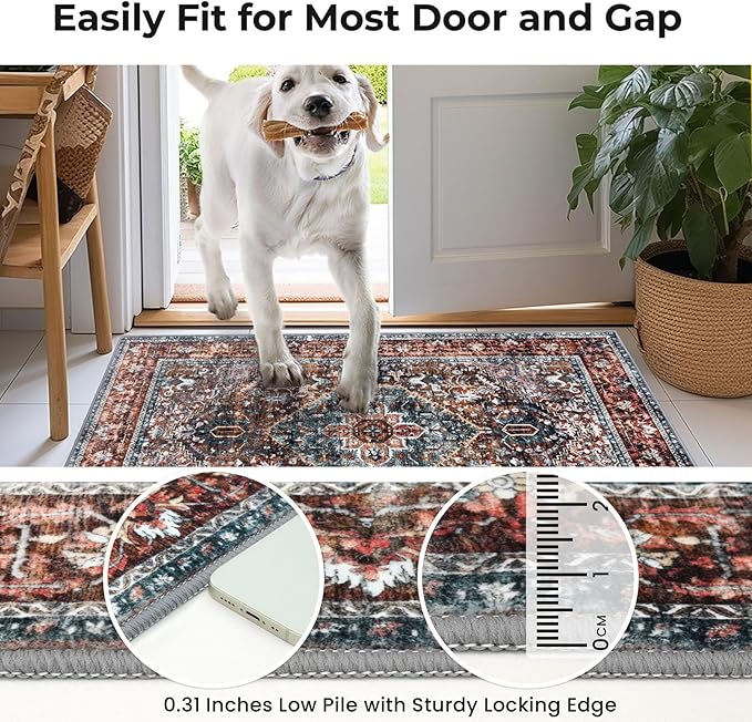 KOZYFLY Runners for Hallways 2x5 Ft Washable Kitchen Runner Rug Boho Runner Rug for Entryway Indoor Printed Oriental Faux Wool Floor Carpet Runner for Laundry Room Kitchen Hall, Brick Red/Orange/Green