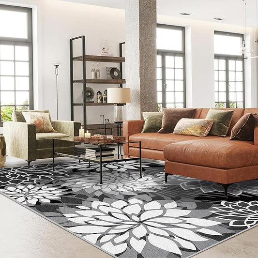 9x12 Outdoor Area Rug Washable Multicolored Patio Rug Tropical Botanical Floral Chenille Waterproof Outdoor Carpet Non-Slip for Deck, Backyard, Porch, Black