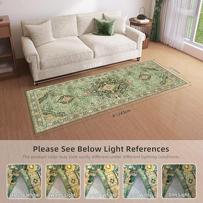 Green Runner Rugs 3x8 Boho Washable Area Rugs for Entryway Bathroom Kitchen, Long Rugs for Hallway Soft Low Pile Non-Slip Rubber Backing Oriental