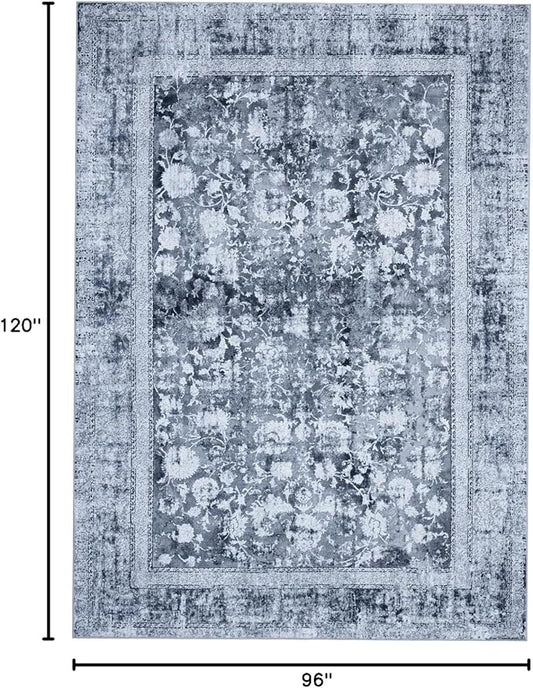 Area Rug 8×10, Large Vintage Boho Rug,Ultra-Soft Low Pile, Washable, Non Slip,Stain Resistant, Printed Carpet for Living Room Bedrooms Playroom Office Kitchen, Stone/Blue