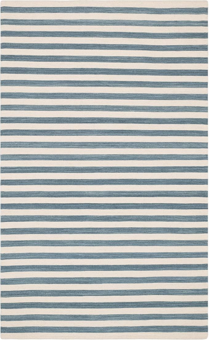 Home Conservatory Ladder Stripe Blue/Ivory Handwoven Wool 4 X 6 Feet, Blue/Ivory Stripe Pattern