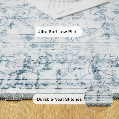 Light Blue 6x9 Area Rug Machine Washable for Living Room, Distressed Non Slip Rugs for Bedroom, Traditional Indoor Retro Floral Accent Vintage Carpet for Office Dining Room, Dorm