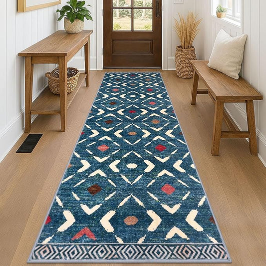 KILOCOCO Hallway Runner Rug 2.6'x8' Runners for Hallways Washable Runner Soft Non Slip Printed Geometric Low-Pile Rugs Runners for Bedroom Kitchen Living Room Boho Rugs, Teal/Blue