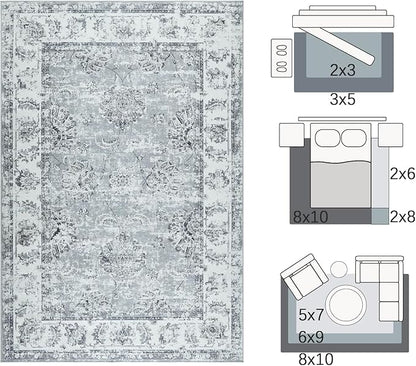 jinchan Fiora 6x9 Area Rug for Living Room Washable Soft Throw Rug Ultra-Thin Stain Resistant Non-Slip Distressed Vintage Floral Large Carpet for Bedroom Dining Room Home Office Nursery(6x9ft, Grey)