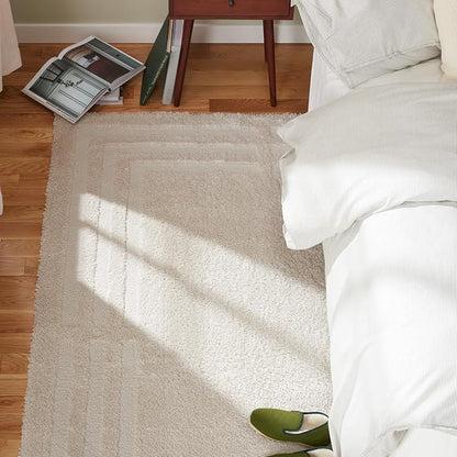 Town & Country Everyday Cloud Shag Plush Border Area Rug with High-Low Pile, Beige, 6'6"x9'6"