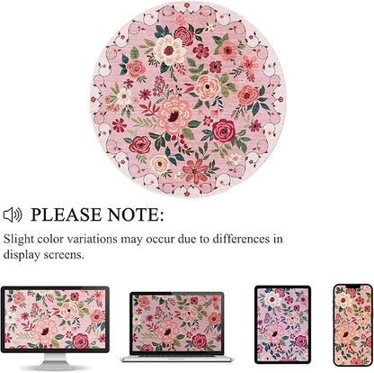 DUKINO Floral Round Rug, 6ft Washable Circle Rug, Non Slip Indoor Low Pile Circle Rug, Soft Small Boho Design Carpet for Bedroom, Entryway, Living Room, Dining Room, Pink
