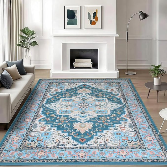 WILLSUN Washable Area Rugs, 6x9 Non-Slip Boho Large Area Rugs for Living Room, Bedroom, Machine Washable Vintage Rug, Indoor Floral Print Carpet for Home Decor, Kid & Pet Friendly Mat