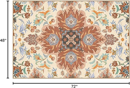 Phantoscope Washable Area Rug 4'x6' Non-Slip, Vintage Boho Rugs for Living Room, Bedroom, Dining Room, Fall Orange Floral Medallion Pattern, Low-Pile Foldable Floor Carpet, Rust/Multi Floral