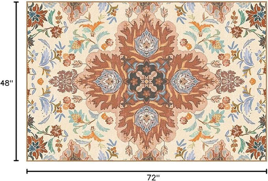 Phantoscope Washable Area Rug 4'x6' Non-Slip, Vintage Boho Rugs for Living Room, Bedroom, Dining Room, Fall Orange Floral Medallion Pattern, Low-Pile Foldable Floor Carpet, Rust/Multi Floral