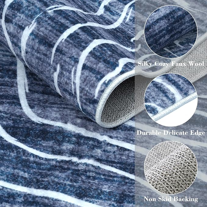 LIVEBOX 8x10 Modern Area Rugs for Living Room, Abstract Non-Slip Washable Rugs, Minimalist Wave Striped Neutral Boys Girl Nursery Area Rug for Bedroom, Carpet for Playroom Office(Navy Blue,8'x10')