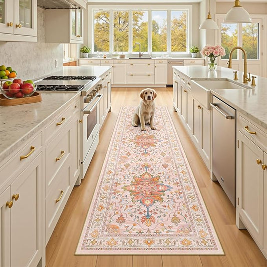 Area Rugs 2'x8' Washable Non-Slip, Floral Vintage Distress Print Pattern Medallion Carpet for Living Room Bedroom Dining Room, Light Pink Colorful
