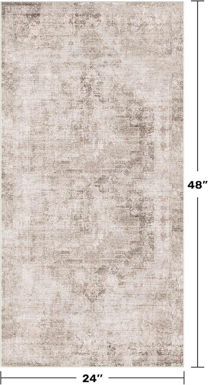 Light Brown 2x4 Runner Rug for Entryway Indoor, Kitchen Floor Waterproof, Bathroom, Powder Room, Washable Non Slip Low Pile Stain & Fade Resistant, Modern Eclectic Tan Décor