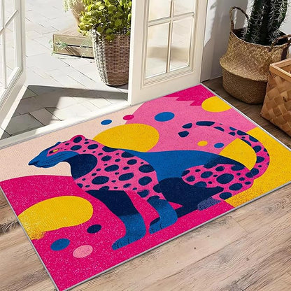 Leopard Washable Rugs - 5x8ft - Colorful Abstract Geometric Animal Pop Art Rugs for Living Room Non Slip Low Pile Area Rug for Bedroom, Leopard Carpets Room Decor & Gifts