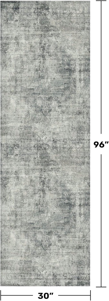 2'6"x8' Hallway Runner Rugs Non Slip, Modern 8ft Long Rug for Kitchen Floor, Entrance, Farmhouse Medallion Abstract Indoor Décor, Low Pile Stain Resistant (Slate Blue)