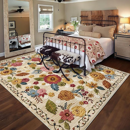 8x10 Machine Washable Area Rug for Living Room, Beige Vintage Boho Floral Rug Large Non-Slip Low Pile Soft Faux Wool Carpet, Kids and Pets Friendly for Bedroom Dining Room Farmhouse Home Decor Rug