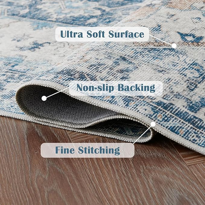 jinchan Kelda Area Rug 9x12 Washable Living Room Rug Vintage Indoor Large Floor Cover Distressed Lightweight Non-Slip Low Pile Thin Mat Accent Stain Resistant Carpet for Bedroom Office Blue