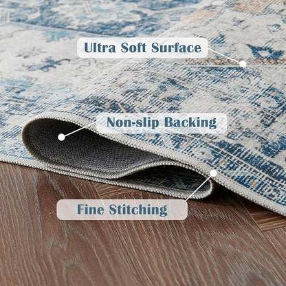 jinchan Runner Rug 2x10 Hallway Rug Kitchen Washable Runner Vintage Mat Retro Print Lightweight Non-Slip Floor Cover Distressed Thin Carpet for Entryway Bathroom Bedroom Laundry Room Stairway Blue